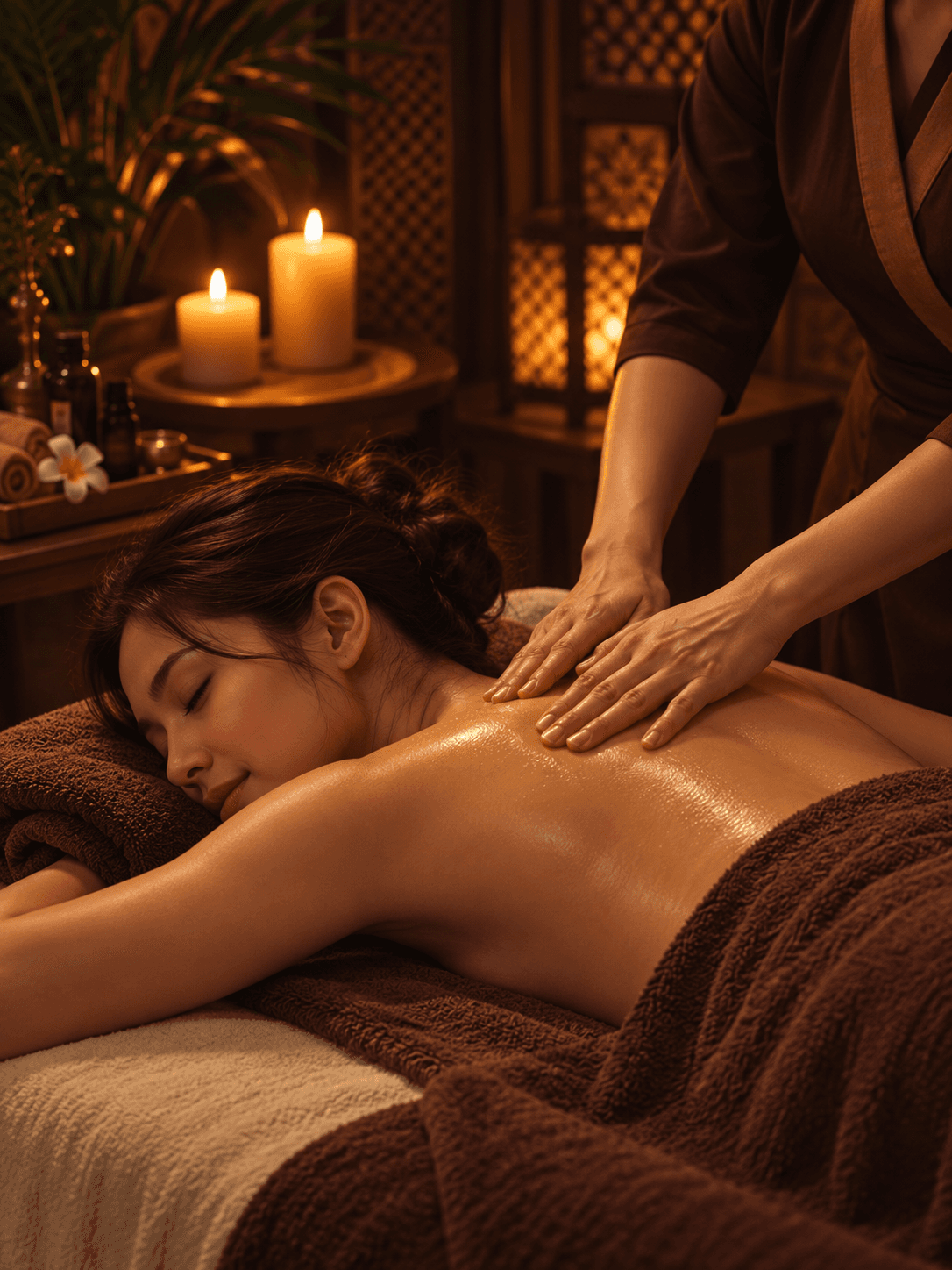 Chuyên viên massage lưng cho khách bên ánh nến